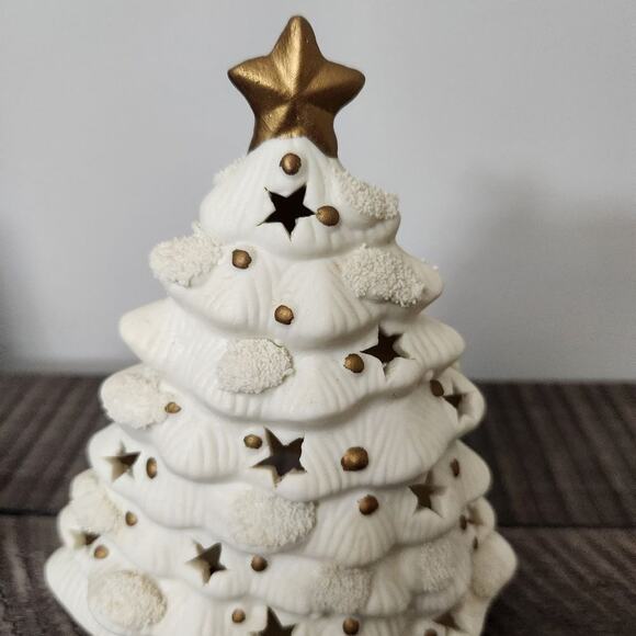 🎄 Vintage World Bazaars Porcelain Christmas Tree Votive Holder White Gold 7" - Picture 5 of 5